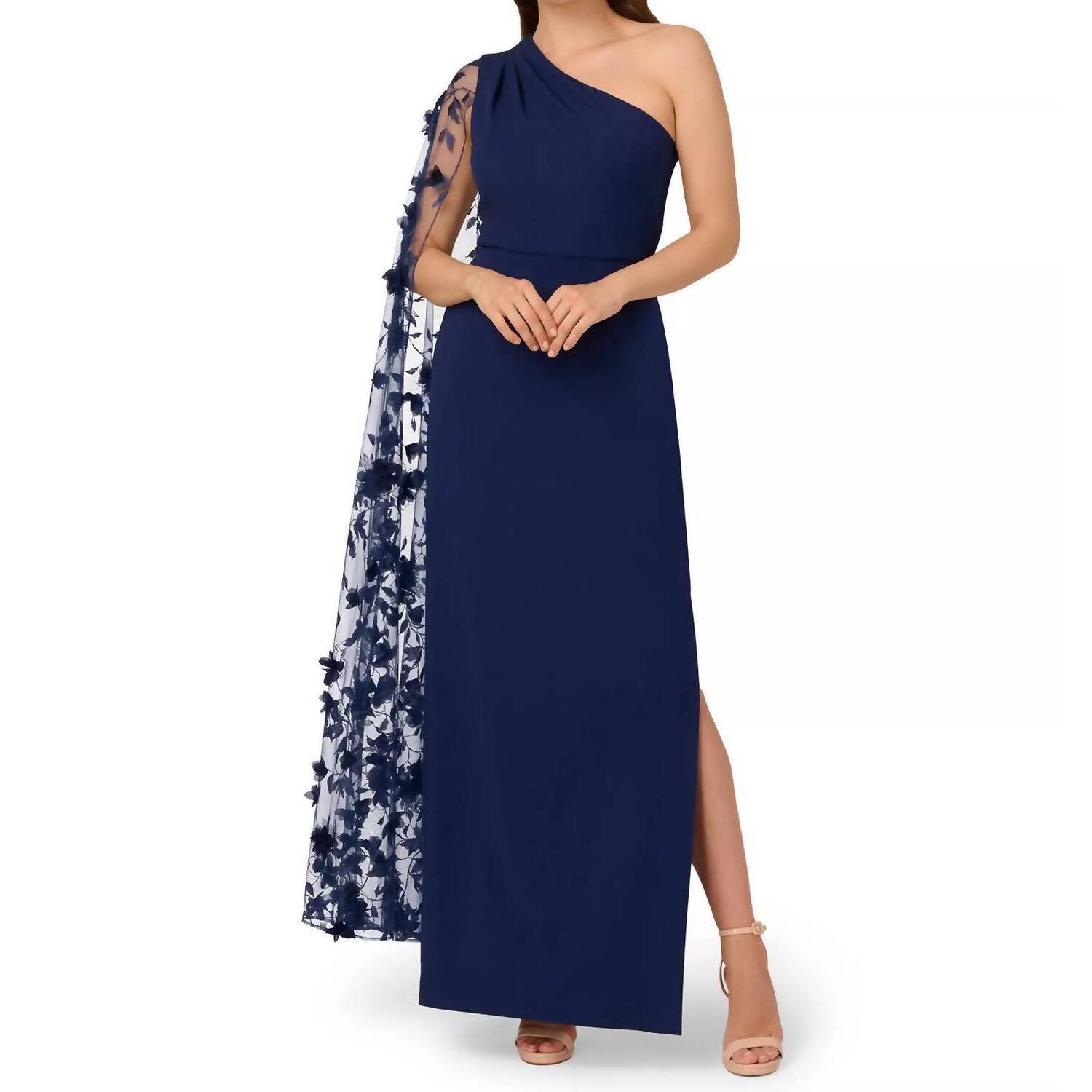 New Aidan Mattox One Shoulder Floral Cape Sleeve Dress In Navy